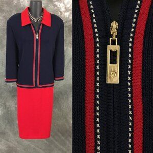 BEAUTIFUL st john collection knit blue red multi jacket skirt suit size 14